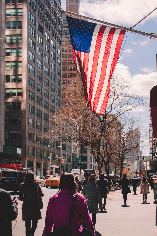 American flag in a city street